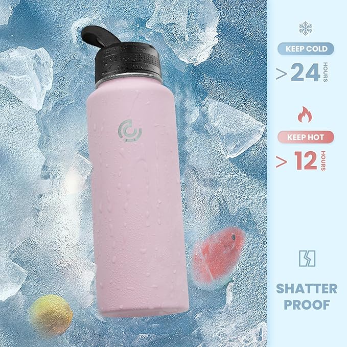 COKTIK 40oz Sports Water Bottle, Stainless Steel Water Bottle for Insulated, Reusable Travel Bottle, With Straw, With Handle Grip for Easy Carrying, Suitable for Cycling, Outdoor Vacations(Blush)