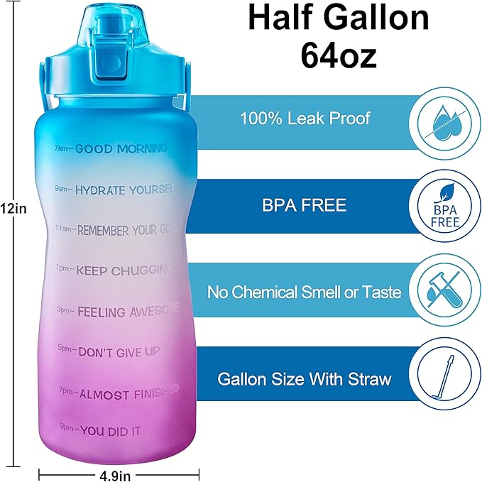 EYQ 64oz/128oz Leakproof Free Drinking Water Bottle with Motivational Time Marker BPA Free for Fitness, Gym and Outdoor Sports