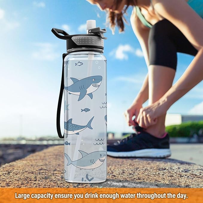 Burbuja Cute Cartoon Sharks 32 oz Water Bottle with Straw Lid, Leakproof & BPA Free Tritan Bottle for Gym Fitness Outdoor Sports