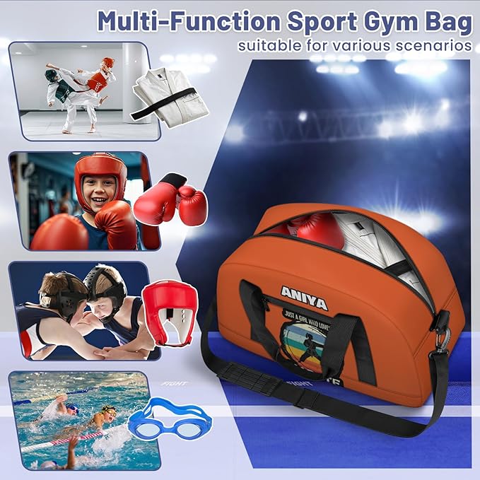 Custom Name Taekwondo Karate Duffle Bag for kids Boy Girls - Personalized Martial Arts Gear Bag, Water-Resistant Sparring Equipment Bag, Karate Orange