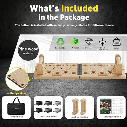 Push Up Board 30 in 1 Foldable with Resistance Bands - Thickened Pine Wood Multi-Push Up Board for Men & Women, Portable Gym/Home Workout Gear for Chest, Shoulders, Arms & Back