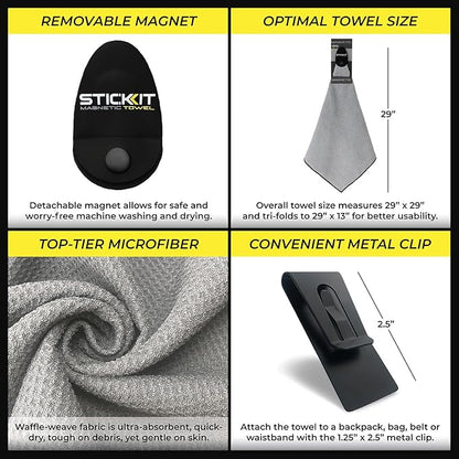 STICKIT Magnetic Sports Towel for Gym & Yoga, Quick-Dry Absorbent Microfiber with Deep Waffle Pockets, Powerful Magnet for Easy Access, Perfect for Workout and Outdoor Activities