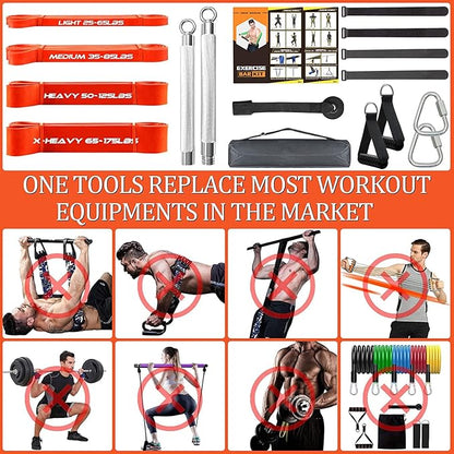 DASKING Resistance Band Bar Set for Home Gym, 500LB Total Resistance with Longer Bar & 4 Stackable Bands, Detachable for Full Body Workouts, Door Anchor, Exercise Guide