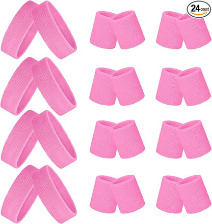 24 Pieces 80s Neon Sweatbands Set, Include 8 Sports Headbands and 16 Sweat Wristbands Elastic Athletic Tennis Sweat Bands Bulk for Man Woman
