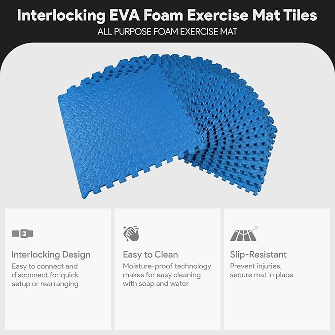 BalanceFrom Puzzle Exercise Mat 3/4" Thick, EVA Interlocking Foam Floor Tiles for Home Gym, Mat for Home Workout Equipment, Floor Padding for Kids, Multiple Sizes and Colors