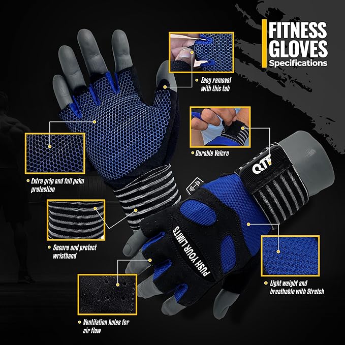 QTF Weight Lifting Gym Workout Gloves with Long Wrist Strap, Fingerless Gym Gloves for Men & Women, Full Palm Protection, for Weightlifting, Training, Fitness, Hanging