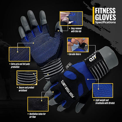 QTF Weight Lifting Gym Workout Gloves with Long Wrist Strap, Fingerless Gym Gloves for Men & Women, Full Palm Protection, for Weightlifting, Training, Fitness, Hanging
