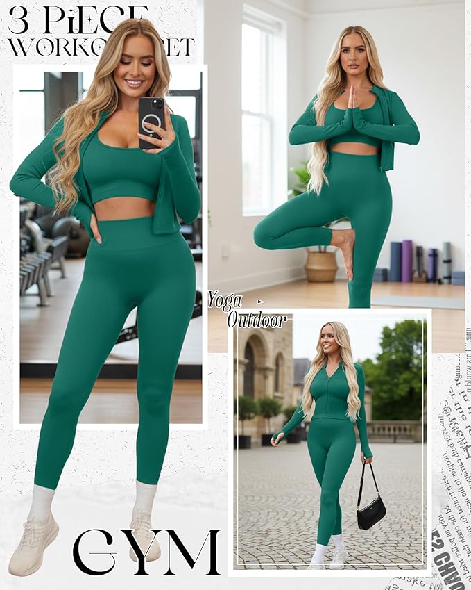 Women 3 Piece Seamless Workout Set Sports Bra High Waisted Gym Yoga Leggings Zip Up Jacket with Thumbhole Activewear