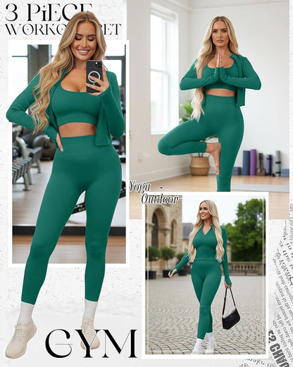 Women 3 Piece Seamless Workout Set Sports Bra High Waisted Gym Yoga Leggings Zip Up Jacket with Thumbhole Activewear