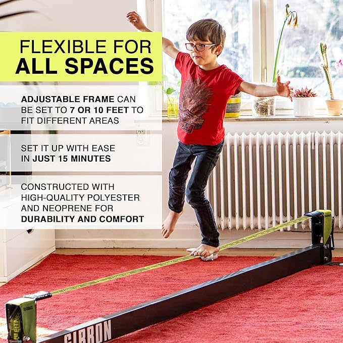 GIBBON Slackrack - Freestanding Outdoor or Indoor Slackline - Slack Line for Kids & Adults - Balance Trainer - Setup in 7ft or 10ft