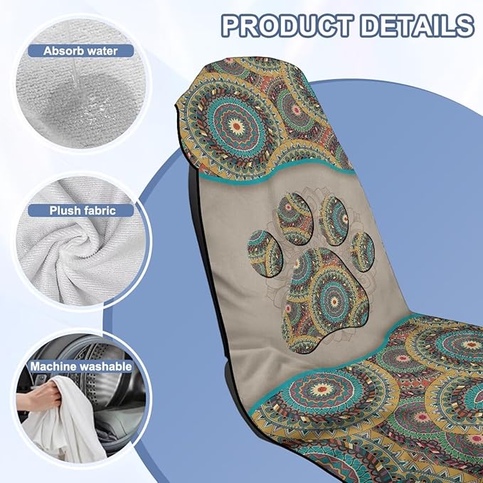 Bulopur Removable Car Sweat Towel Front Seat Cover Boho Dog Paw Bucket Car Towel Seat Cover for Post Gym Workout Running Swimming Each and Hiking