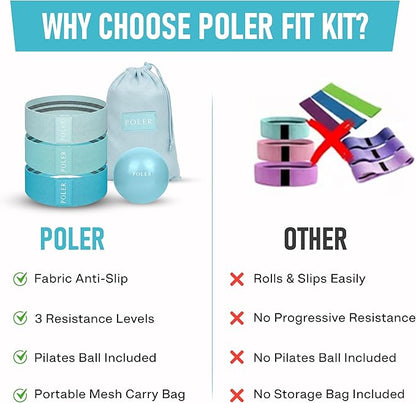 Poler Fit Kit: Fabric Resistance Bands Kit with 3 Levels (Light, Medium, Heavy) + 9″ Pilates Ball for Home Workouts – Exercise Bands Set for Strength Training, Pilates, Yoga, Glutes, Legs & Full Body