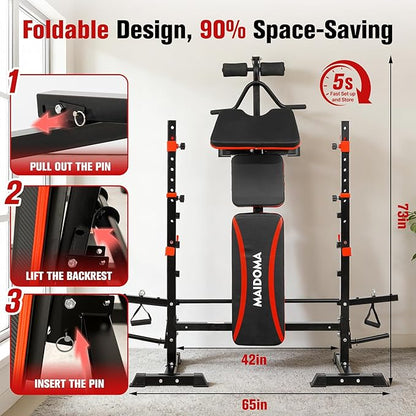 Foldable 1500LBS 8 IN 1 Olympic Weight Bench Set with Squat Rack, Leg Extension/Curl & Preacher Curl, Adjustable Bench Press Set with Safety Bar Catches for Home Gym Full Body Workout