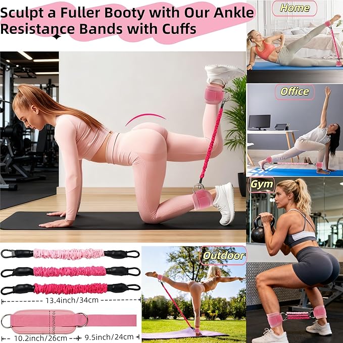 Home Leg and Glute Workout Equipment Set, Ankle Resistance Bands with Cuffs & Exercise Bands Yoga Ball, Women Ankle Weights Band for Working Out Butt Fitness and Booty Trainer, Pilates Equipment Kit