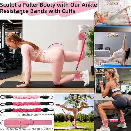 Home Leg and Glute Workout Equipment Set, Ankle Resistance Bands with Cuffs & Exercise Bands Yoga Ball, Women Ankle Weights Band for Working Out Butt Fitness and Booty Trainer, Pilates Equipment Kit