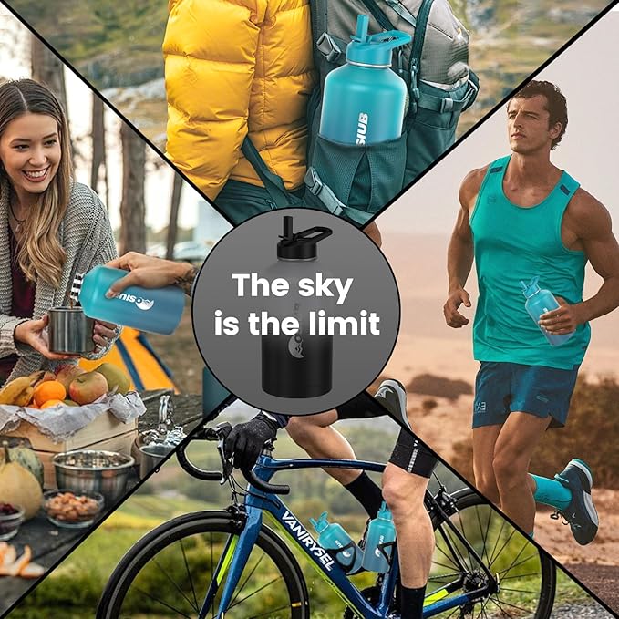 Insulated Water Bottle 64 oz, Triple Wall Vacuum Stainless Steel(Cold for 48 Hrs),Leak Proof & BPA-Free,Half Gallon Water Bottle with Reflective Paracord & Flip Straw for Sports & Travel, Black