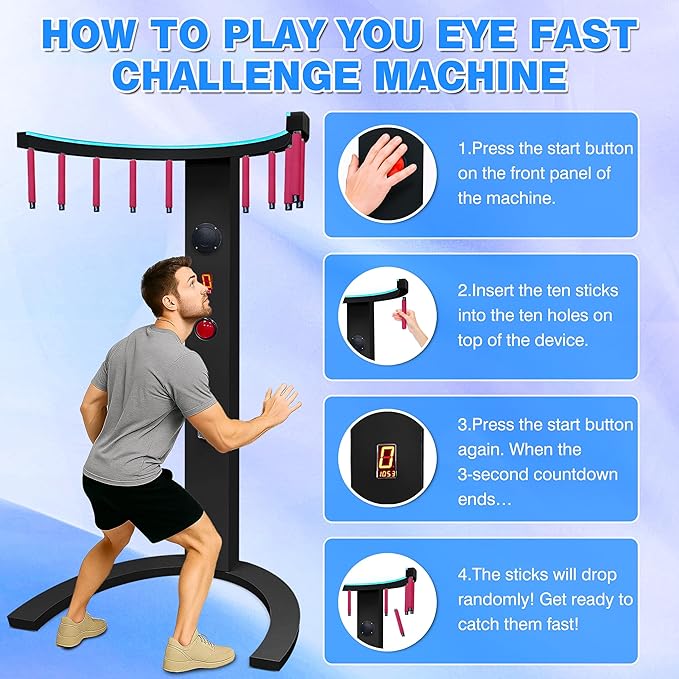 CAMINI Reflex Stick Challenge Game, Adjustable Speed Hand-Eye Coordination Trainer Arcade Machine for Events, Rentals, and Family Game Nights, LED Light & Music Reaction (Black)