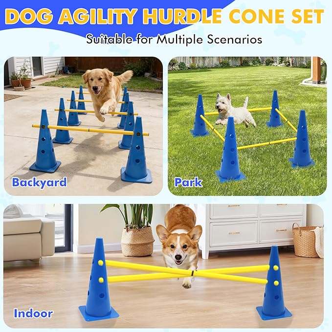 Wdmiya 18.9" Dog Agility Training Hurdle Cone Set, Dog Agility Course Backyard Set with Height Adjustable Crossbar, Dog Agility Equipment for Obedience, Rehabilitation, Starter - 12 Cones & 6 Poles