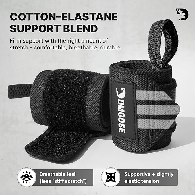 DMoose Fitness Wrist Wraps for Weightlifting 18" - Heavy Duty Gym Wrap with Hand Thumb Loop for Support & Pain Relief, USPA Approved Powerlifting, Weight Lifting Wrist Straps for Men & Women Work Out