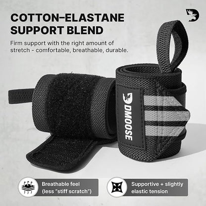 DMoose Fitness Wrist Wraps for Weightlifting 18" - Heavy Duty Gym Wrap with Hand Thumb Loop for Support & Pain Relief, USPA Approved Powerlifting, Weight Lifting Wrist Straps for Men & Women Work Out