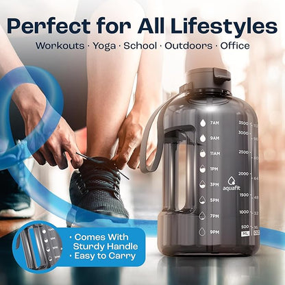 AQUAFIT 1 Gallon Water Bottle with Time Marker - Straw & Chug Lid - BPA Free Gym Water Bottle with Straw - Big Gallon Jug (Frosty, 128 oz - 2 Lids)