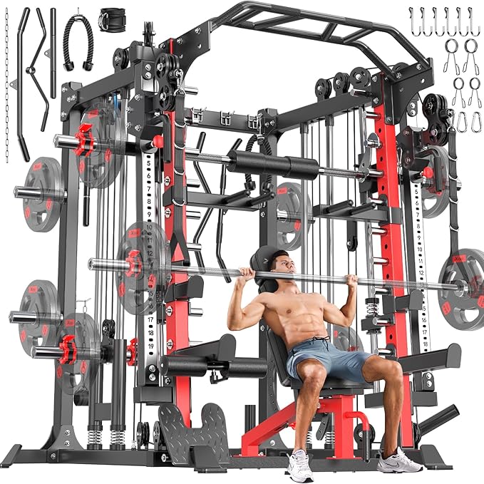 Multi-Purpose Squat Rack,Smith Machine Weight Rack Set with Cable Crossover System, Home Gym Power Racks, Power Racks and Packages