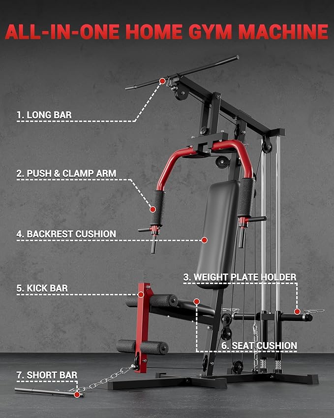 Home Gym Equipment, Workout Weight Machine with Cable Pulley System, 400 LBS Weight Capacity All in One Full Body Exercise Station for Strength Training, Multifunctional Compact Home Gym