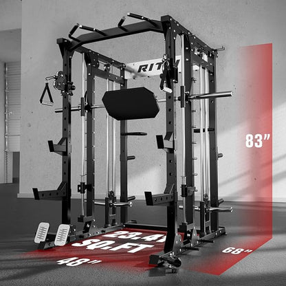 RitFit Buffalo Smith Machine, Power cage with LAT-Pull Down System & Cable Crossover System, All-in-One Squat Rack for Home Gym, Power Rack