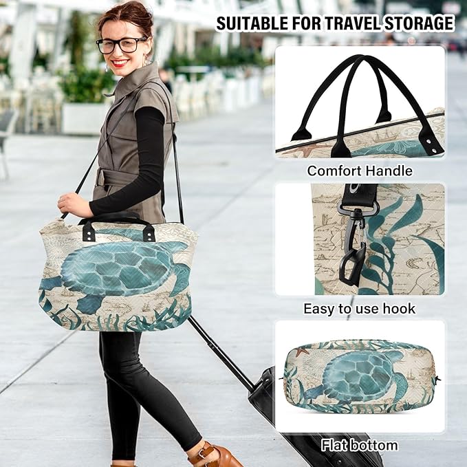Weekender Bags Travel Duffel Gym Bag Carry on Overnight Tote Bag with Toiletry Bag for Airplane Travel Trip Gym Yoga (Sea Lives Turtle Coral)
