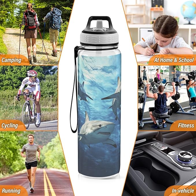 Fustylead Underwater Sharks Circling 32oz Water Bottle with Straw, Leakproof Clear Sport Water Bottles for Gym Camping Hiking Travel