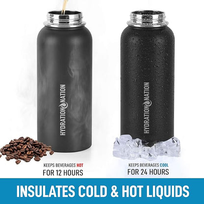 Hydration Nation 3 Lid Multi-Size Vacuum Insulated Water Bottles with Straw - Metal Water Bottle For Sports & Outdoor - Thermo Stainless Steel Water Bottle - Perfect for Hot & Cold Drinks (Black)