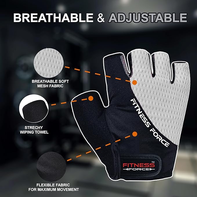 FITNESS FORCE Breathable Workout Gloves for Men and Women, Padded Weight Lifting Gloves with Full Palm Protection for Grip, Exercise, Cycling, Gym, Fitness Training