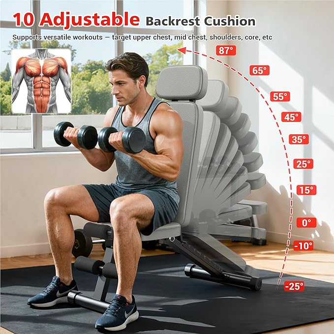 XDDIAS Workout Bench, 10 Backrests Adjustable Weight Bench with Extended Headrest, 800LBS Foldable Weight Bench for Home Gym, Incline Decline Flat Bench Compact for Small Space Training
