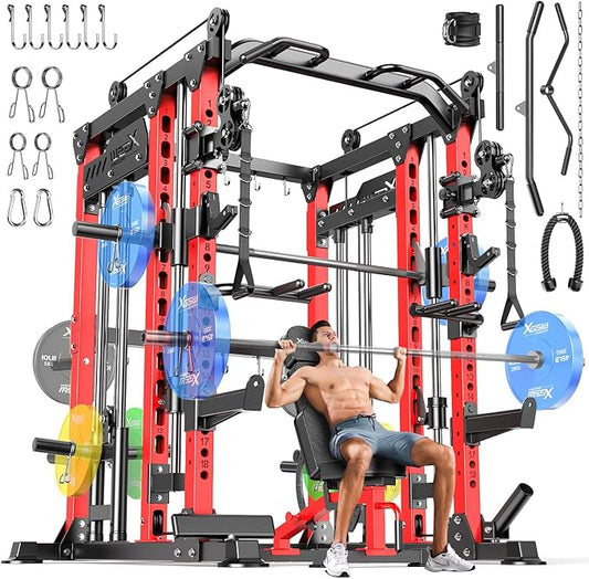 Smith Machine with Cable Crossover System, Multi-Function Power Cage Squat Rack for Home Gym, Power Rack and Packages Weight Sets.
