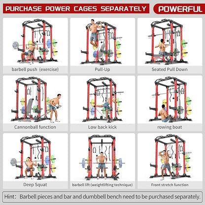 Power Cage Multi-Function Power Rack with Cable Crossover System,1800 LBS Capacity Squat Rack with Weight Bench,for Home Gym