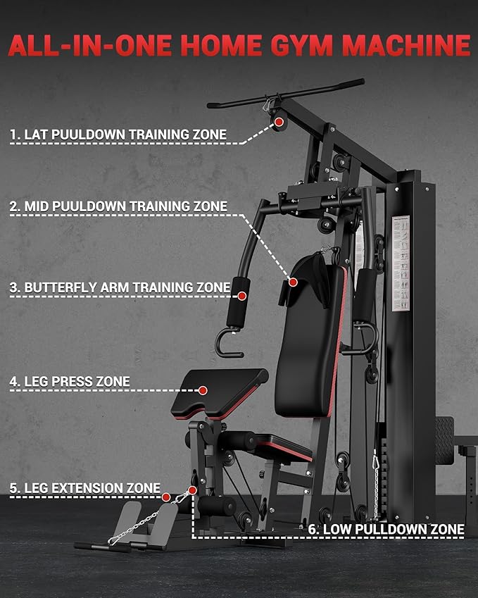 Garvee Home Gym Equipment Machine, Full Body Workout Machine with 150 LBS Weight Stack, Multifunctional All in One Exercise Station with Preacher Curl Pad, Leg Developer for Strength Training