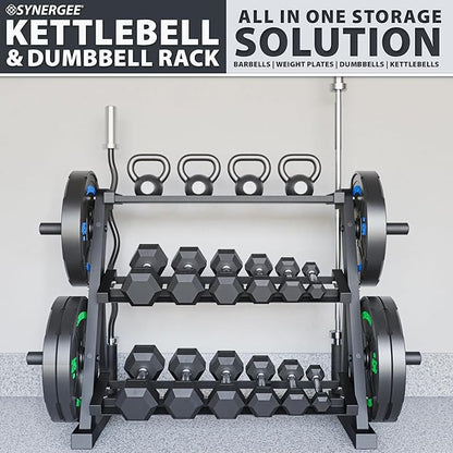 Synergee 3-Tier Dumbbell Storage Rack with 2 Barbell Holders and 4 Weight Plate Pegs, Featuring 2-Tier Dumbbell Storage and 3rd Tier for Kettlebell Storage – Accommodates 1" and 2" Plates – All-in-One