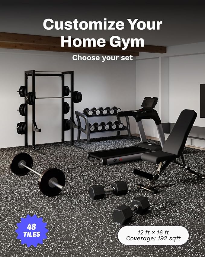 AIRHOP 0.56in Thick 192 Sq Ft Exercise Equipment Mats, 48 Tiles Upgraded Rubber Top with High Density EVA Foam, Large Interlocking Puzzle Gym Flooring for Home Gym, Heavy Weight Workout, 24 x 24in