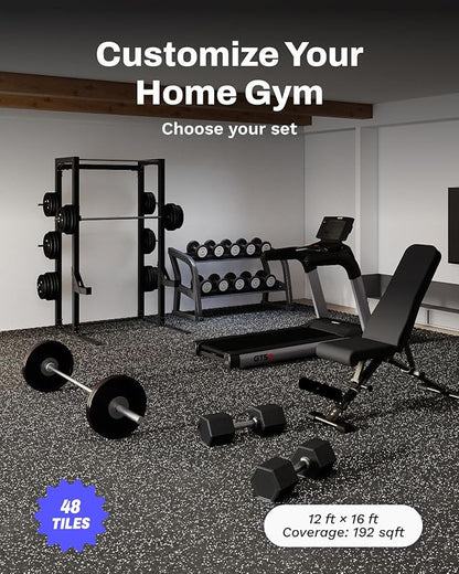 AIRHOP 0.56in Thick 192 Sq Ft Exercise Equipment Mats, 48 Tiles Upgraded Rubber Top with High Density EVA Foam, Large Interlocking Puzzle Gym Flooring for Home Gym, Heavy Weight Workout, 24 x 24in