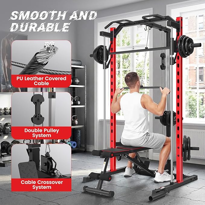 OPPSDECOR All in One Smith Machine, 1400LBS Multi-Functional Smith Machine Home Gym, Squat Rack with LAT-Pull Down System, Power Rack with Barbell Bar, Power Cage with Attachments Full Body Training
