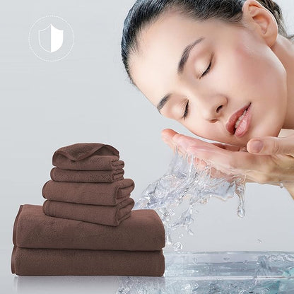 TENSTARS Luxury Silk Hemming Towel Set - Light Thin Quick Drying - 2 Bath Towels 2 Hand Towels 2 Washcloths - Ultra Soft Microfiber Towel for Bath Fitness, Sports, Yoga, Travel (Wood Brown 6 Pieces)