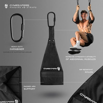 Gymreapers Hanging Ab Straps for Pull-Up Bar — Hang Bar Assist Strap & Strength Workout Exercise Equipment, Padded Adjustable Arm Supports with 2 Steel Carabiners for Leg Raises, Abdominal & Core Training