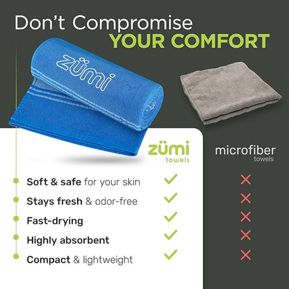 Zumi 100% Cotton Quick Dry Travel Towel - Soft, Thin, Compact, Highly Absorbent, Lightweight Camping Towel for Beach, Gym, Bath, Shower, Swimming, Pool, Dorm, RV - Blue