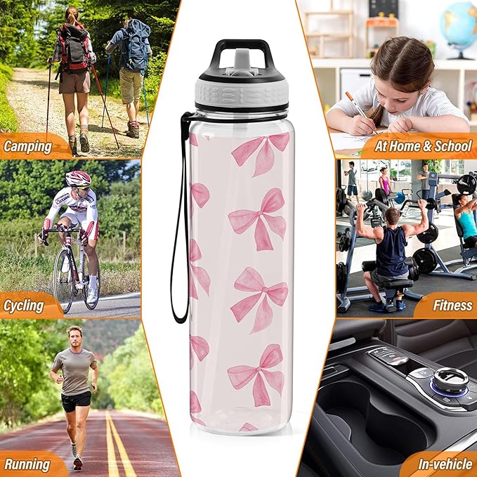 Burbuja Pink Bow 32 oz Water Bottle with Straw Lid, Leakproof & BPA Free Tritan Bottle for Gym Fitness Outdoor Sports