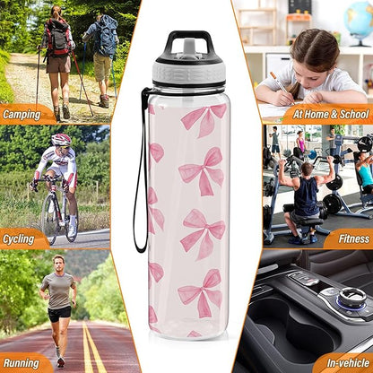 Burbuja Pink Bow 32 oz Water Bottle with Straw Lid, Leakproof & BPA Free Tritan Bottle for Gym Fitness Outdoor Sports