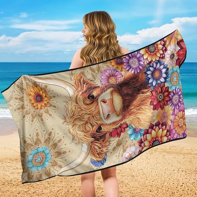 Bulopur Highland Cow Waterproof Sweat Towel Seat Cover Post-Work Running Athletic Beach Towel Machine Washable Lightweight Breathable Hippie Floral Car Interior Accessories