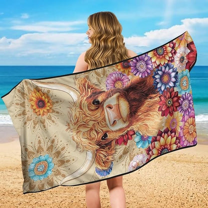Bulopur Highland Cow Waterproof Sweat Towel Seat Cover Post-Work Running Athletic Beach Towel Machine Washable Lightweight Breathable Hippie Floral Car Interior Accessories