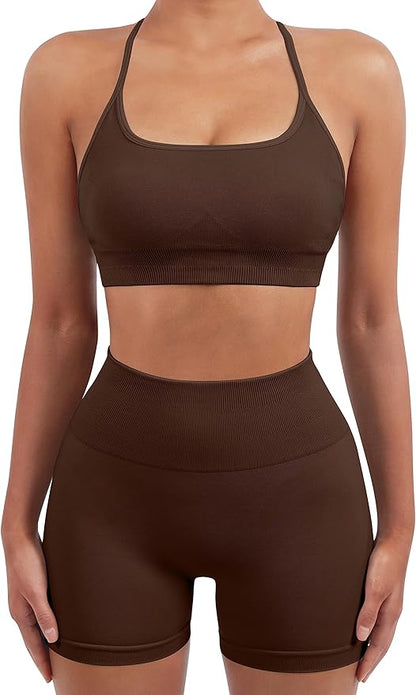 SUUKSESS Women Seamless Workout Sets Strappy Sports Bra High Waist Booty Shorts Outfits