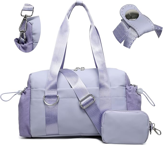Everyday Mini Gym Bag for Women 2.0 Small Tote with Zipper Compartment Waterproof Travel Duffle Cute Handbag Workout Carry On with Removeable Shoulder Strap & Coin Wallet Easy to Clean-Lavender