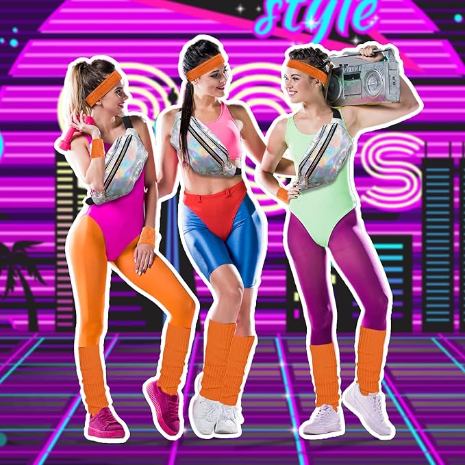 SATINIOR 80s Women Workout Outfit Neon Leg Warmer Headband Wristbands Fanny Pack Set 80s Accessories for Yoga Running